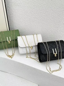 Vintage Lady Simple Stitched Texture Women’s Messenger Bag Polyester Lining Cover Diamond-pattern Chain Crossbody Small Square