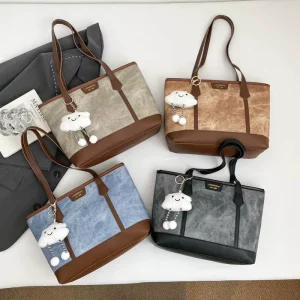 Vintage Large Capacity Tote Bag for Women Retro Casual Shoulder Bag with Cute Cloud Pendant Work Shopping Travel