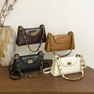 Vintage Oil Wax Pu Leather Shoulder Bag for Women Luxury Chain Crossbody Handbag Retro Designer Style Clutch Purse
