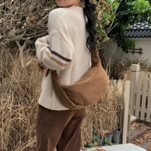 Vintage Solid Color Corduroy Hobo Dumpling Shoulder Bag Women Crescent Shaped Adjustable Crossbody Bag