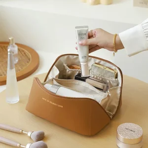 Waterproof Pouch Toiletry Bag Makeup Bag PU Leather Travel Portable Bag Makeup Organizer with Divider and Handle