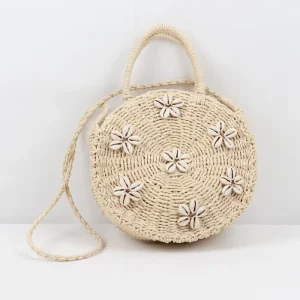 White Paper Straw Grass Rope Woven Polyester Lining Casual Lady’s Single Shoulder Beach Vacation Tote Bag