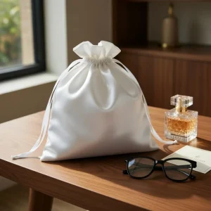 White Satin Drawstring Dust Bag Polyester Fabric Custom Logo for Handbag and Storage