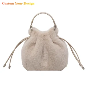 Winter Fashion Luxury Women Soft Plush Small Drawstring Bucket Bag Cute Vintage Stylish Ruched Hobo Daily Travel Crossbody Bag