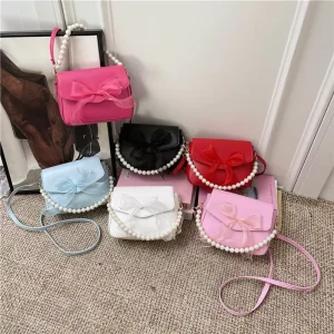 Winter Pearl-chain Mini Crossbody Bag with Bow Detail Single Strap Polyester Lining Trendy Style
