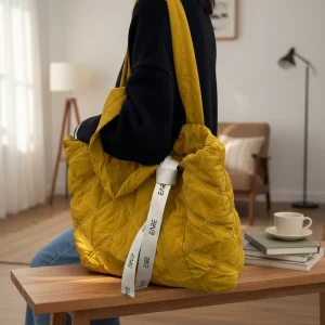 Winter Women Single Fashion Large Capacity Cotton Nylon Quilted Tote Customized Filled Shopping Shoulder Bag