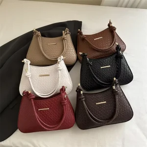 Woman New Woven PU Leather Single Sling Bag Fashion Flap Lock Handbag with Hasps Closure