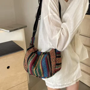 Women Bohemian Ethnic Canvas Crossbody Shoulder Bag with Single Zipper Closure