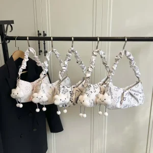 Women Handbag Trendy Cartoon Print Underarm Bag with Cute Cloud Pendant Women Ruched Handle Shoulder Bag