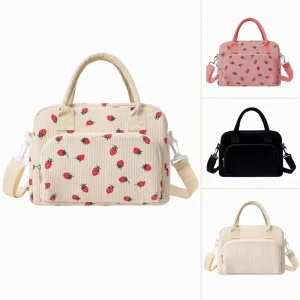 Women Insulated Lunch Box Cute Corduroy Lunch Tote Bags Reusable Large Capacity Cooler Bag With Adjustable Shoulder Strap