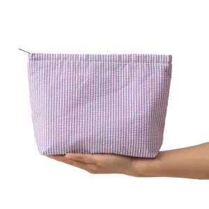 Women Large Capacity Striped Zipper Makeup Pouch Travel Cosmetic Storage Bag Seersucker Make Up Bag With Custom Logo