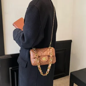 Women Luxury Diamond Quilted PU Handbag Fashion Thick Gold Chain Casual Crossbody Shoulder Bag for Daily Party Dating