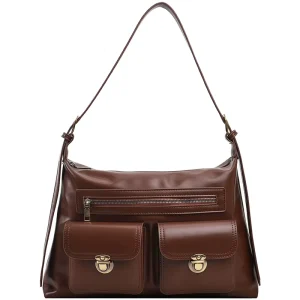 Women Multi Pocket Shoulder Bag PU Leather Hobo Handbag with Front Flap Pockets Canvas Lining Zipper Closure