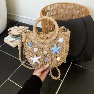 Women Straw Woven Handbag with Starfish Shell Decor Bohemian Shoulder Bag for Beach Travel