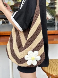 Women Summer Stripe Shoulder Bags Beach Travel Korean INS Hollow Out Knitted Crochet Bag