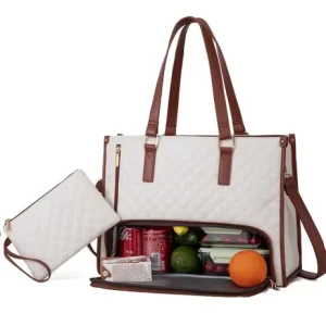Women’s 2-in-1 Eco-Friendly PU Crossbody Laptop Bag Insulated Lunch Box Handbag Combo Portable Zipper Closure for Food