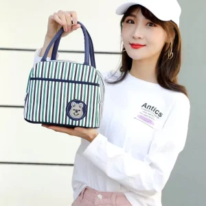 Women’s Canvas Cartoon Cute 2 Persons Lunch Box Bento Bag with Zipper Closure Portable Customizable Design