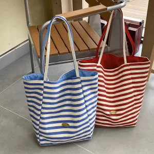 Women’s Canvas Shoulder Bag Double-Sided Design Casual Tote Letter Handbags Large Capacity Travel Shopping Bag