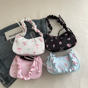 Women’s Casual Retro Flower Texture Handbag Cute Small Korean Shoulder Bag Underarm Bags for Ladies