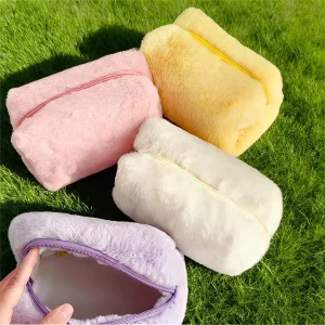 Women’s Casual Summer Clutch Bag Plush Puffy Fluffy Makeup Cosmetic Storage Zipper Closure Solid Color Ladies Toiletry Organizer