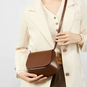 Womens Chestnut Leather High End Texture Niche Style Trendy Vintage Saddle Style Crossbody Shoulder Bag Microfiber Lining