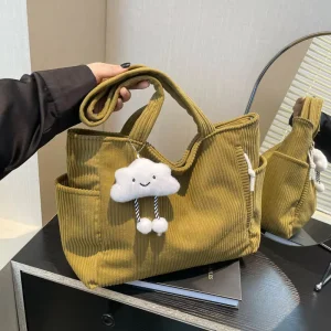 Women’s Corduroy Strap Zipper Closure Large Capacity Handbag Hidden Cell Phone Pocket Artistic Retro Youth Shoulder Bag