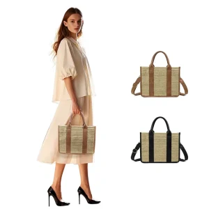 Women’s Cross-Border Spring Canvas Woven Single-Shoulder Messenger Tote Bag Casual All-Match Plaid Pattern Contrasting Color