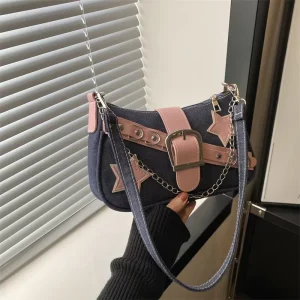 Women’s Denim Shoulder Bag, Small Portable Underarm Handbag, Polyester Star Rivet Fashionable Armpit Purse