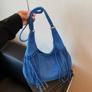 Women’s Double-Sided PU Suede Retro Dumpling Bag Tassel Large Capacity Single Shoulder Underarm Tote Zipper