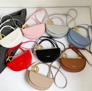 Women’s Elegant Fashionable PU Leather Crossbody Bag Semicircular Handbag Polyester Lining Vintage Chains Decoration