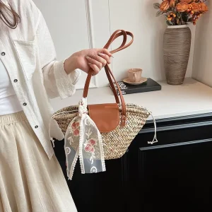 Women’s Elegant Straw Handbag Open Closure Large Size Single Shoulder Bag Natural Material Woven Bag