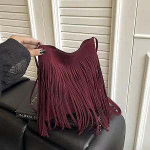 Women’s Fashion Casual Striped Pattern Suede Handbag Tassel Hasps Portable Underarm Single Strap Polyester Lining All Seasons