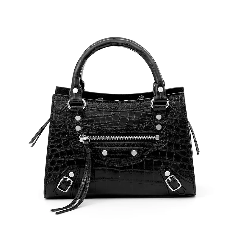 Women’s Fashion Crocodile Belly Leather Motorcycle Bag Genuine Leather Versatile Handbag Trendy Shoulder Bag