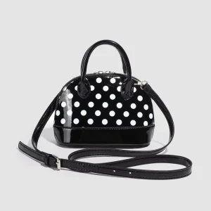 Women’s Fashion Sweet Style Shell Shaped Black and White Polka Dot Handbag with ZIP Closure Shoulder Bag and CrossBody Bag