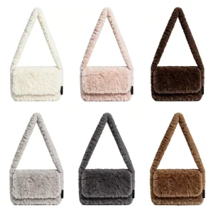 Women’s Faux Fur Flap Shoulder Bag Soft Plush Wide Strap Underarm Bag Winter Warm Casual Faux Fur Handbag