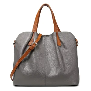 Women’s Genuine Cowhide Leather Casual Tote Bag Large Capacity Durable Waterproof Lichee Pattern Zipper Closure Polyester Lining