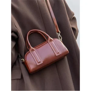Women’s Genuine Leather Boston Bag Medium Top Layer Cowhide Handbag with Zipper Urban Minimalist Shoulder Bag