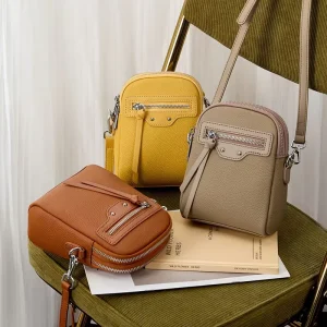 Women’s Genuine Leather Zipper Closure Shoulder Bag Phone Pouch Small Size Everyday Use Crossbody Bag