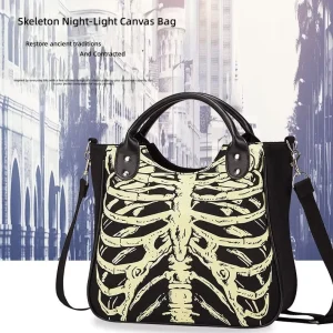 Womens High End Halloween Themed Quirky Skull Skeleton Canvas Print Three Strap Shoulder Crossbody Bag Trendy Cool Glowing