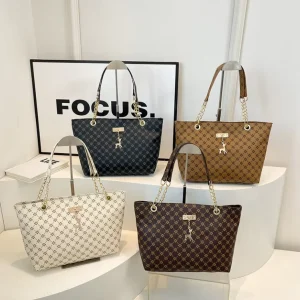 Women’s High End PU Leather Handbag with Litchi Pattern Large Capacity Zipper Closure Shoulder Bag Two Handles Polyester Lining