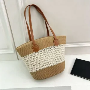 Women’s Hollow-Out Woven Tote Bag Large Capacity Lightweight Beach Vacation Shoulder Bag with Leather Straps