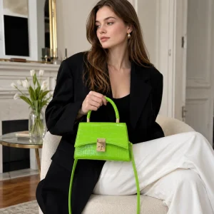 Women’s Korean Style Stone Pattern Small Square Crossbody Bag Flap Closure Sleek Professional Look Glossy Finish Airline