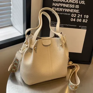 Women’s New Arrival Retro Fashion Simple Texture Magnetic Closure Bucket Bag All Match Solid Color Single Shoulder Bag