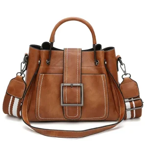 Women’s New Style Korean Style Retro PU Bucket Bag Wide Shoulder Strap Zipper Closure Spring Big Size Crossbody Handbag