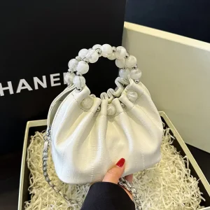 Women’s New Style Purses Inspired Pearl PU Handbag Polyester Zipper Trendy Pleated Shoulder Cloud Crossbody Bag