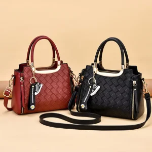 Women’s PU Leather Crossbody Shoulder Bag with Zipper Closure and Pompom Decoration