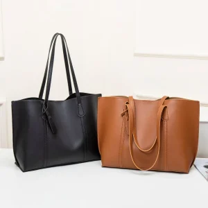 Women’s PU Material Solid Color Large Capacity Lightweight Portable Tote Bag Travel Daily Casual Shoulder Bag