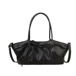 Women’s PU Soft Pleated Shoulder Underarm Tote Bag with Bow Stitching Magnetic Clasp Small Size for Work & Daily Use