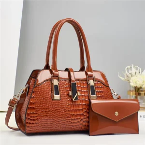 Women’s Platinum Bright Handbag Mother-and-Child Bag Crocodile Pattern Zipper Square Shape Daily Use Single-Shoulder