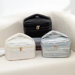 Women’s Portable Cosmetic Bag with Zipper Closure Glossy Waterproof for Toiletry and Skin Care Product Storage Bag
